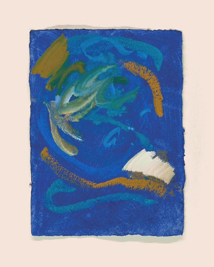 Das Geistige im Blau
4 Arbeiten Mischtechnik auf handgeschpftem Aquarellpapier, 42x30 cm / im Objektrahmen 50x40 cm, 2005  Regina Liedtke